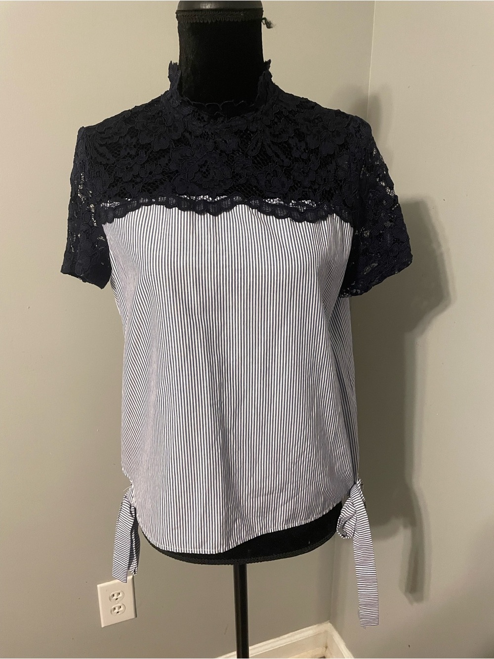 Zara Navy Lace Yoke Striped Tie-Side Blouse